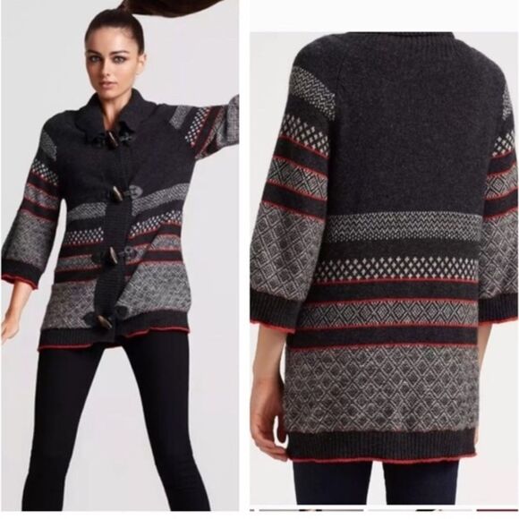 SPLENDID Cotton Angora Nordic Fair Isle Toggle Cardigan Sweater Grey Red M - Picture 3 of 8